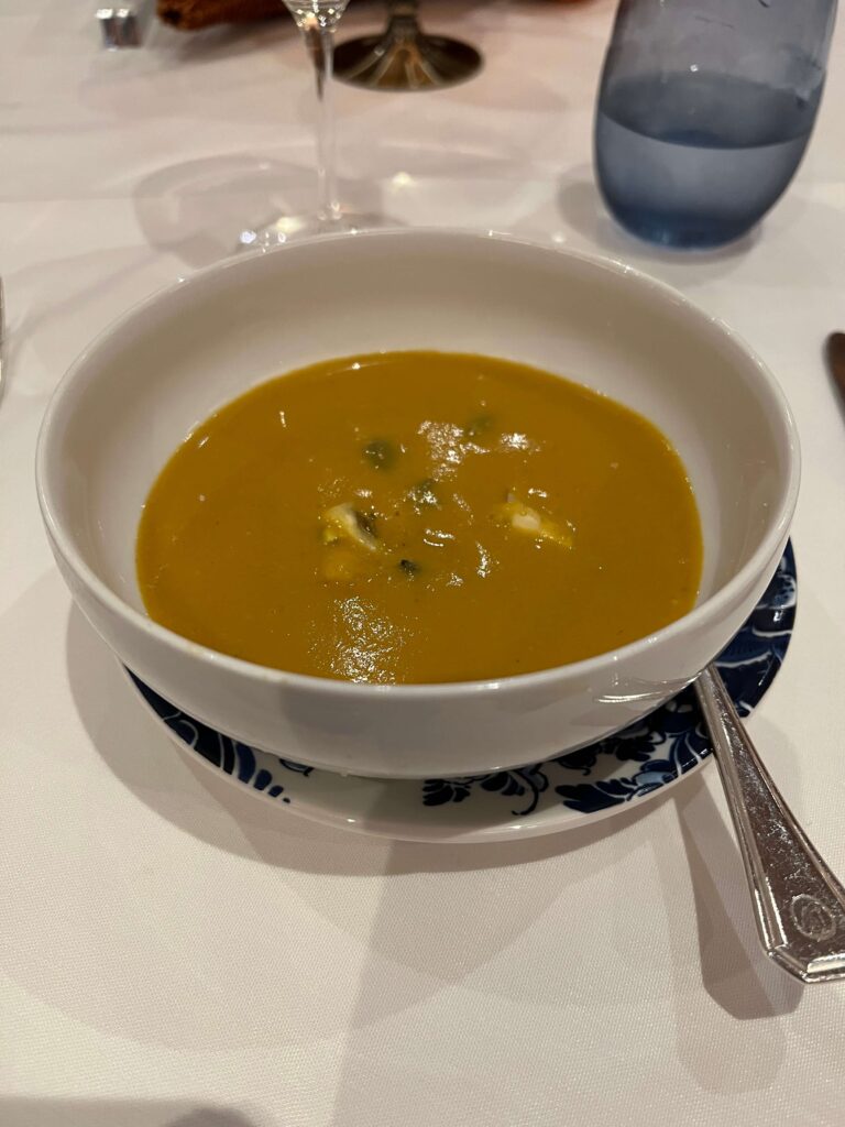 Pumpkin soup for a holland america line cruise ship Thanksgiving dinner. 